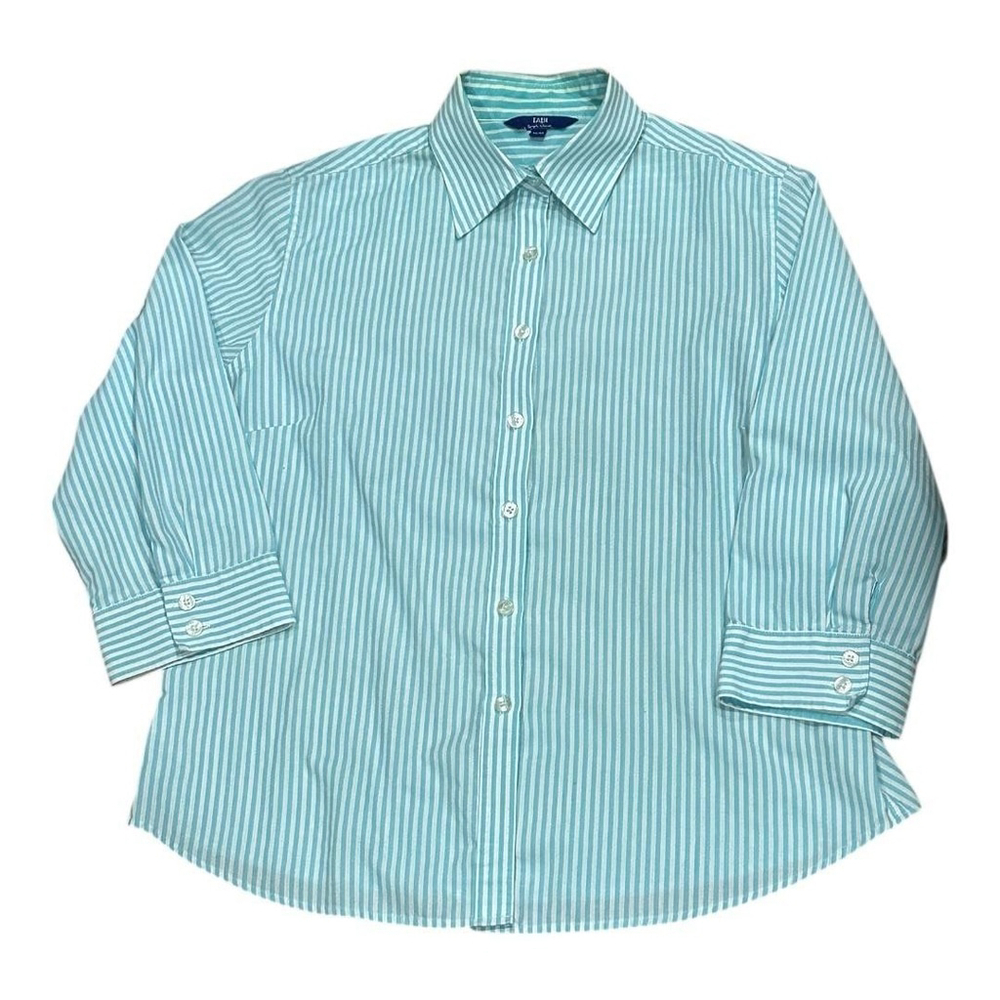 TABI Simply Classic Shirt Womens Medium Teal White Stripe 3/4 Sleeve Button